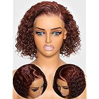 Nadula Curly Reddish Brown Short Bob Wig Human Hair Put on Go Small Water Wave Bob Glueless Wig Pre Cut 7x5 HD Lace Closure Wig, Red Brown Side Parted Short Curly Wigs For Women 150% Density 8inch