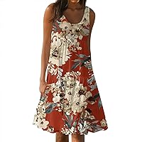 Casual Dresses for Women Sleeveless Summer Midi Dresses Plus Size Flowy Dresses Pleated Knee Length Floral Dresses