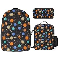 Solar System Planets and Stars Print Backpack 3Pcs Set Cute Back Pack with Lunch Bag Pencil Case Shoulder Bag Travel Daypack