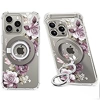 GVIEWIN Bundle - Compatible with iPhone 15 Pro Case Floral (Cherry Blossoms) + Magnetic Phone Ring Holder (Gray)