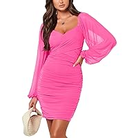 ANRABESS Women's Sexy V Neck Ruched Bodycon Mini Dress Puff Long Sleeve Cocktail Wedding Party Short Dresses
