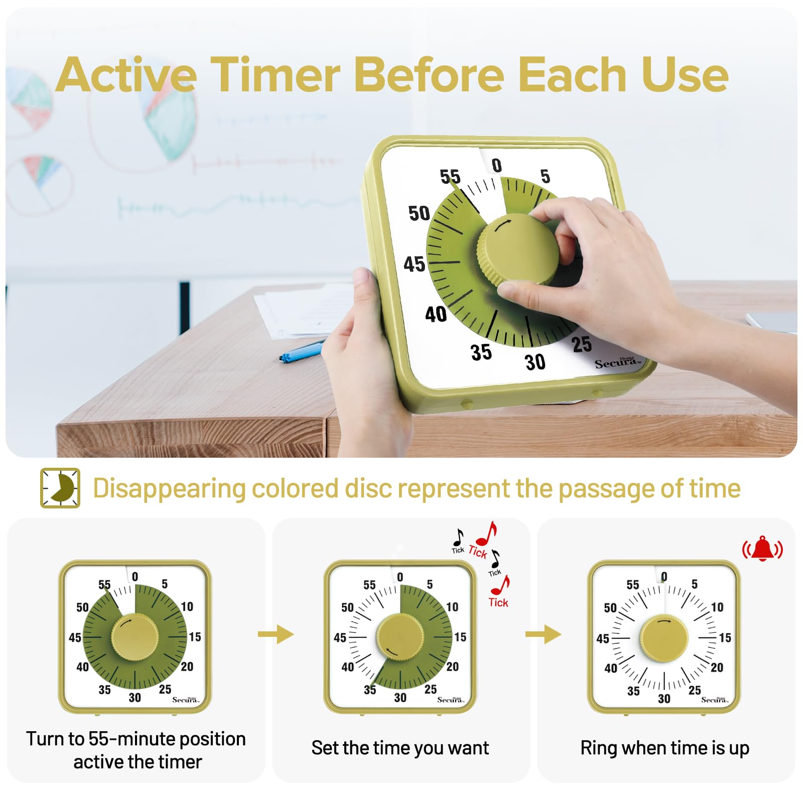 Secura 60-Minute Visual Timer, 7.5 Inch Oversize Countdown Timer Clock for Kids and Adults, Durable Mechanical Time Management Tool with Magnetic Backing(Taupe)