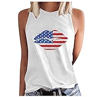 Womens Stars Stripes Funy Lip Tank Tops Summer Sleeveless Round Neck T-Shirts Casual Loose Fit Cute July 4th Shirts