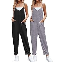 2 Pcs Womens Casual Sleeveless Jumpsuit Loose Adjustable Spaghetti Strap Overall Stretchy Long Pant Romper with Pocket