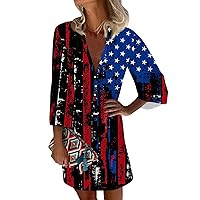 Women's Fourth of July Outfits Patriotic Dress for Women Sexy Casual Vintage Print with 3/4 Length Sleeve Deep V Neck Independence Day Dresses Wine Small
