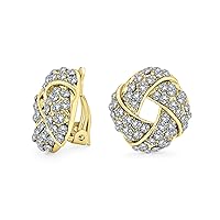 Twist Braided Pave Crystal Love Knot Button Style Clip On Earring For Women Non Pierced Ears Rose Gold tone Silver Plated