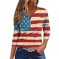 4th of July Tops for Women V-Neck Button Solid Color Round Dot Loose 3/4 Sleeve T-Shirt for Women
