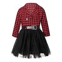 Kids Girls Fall Outfits Long Sleeves Plaid Splice Mesh Tulle Skirt with Waistband Set Overall Formal Dress