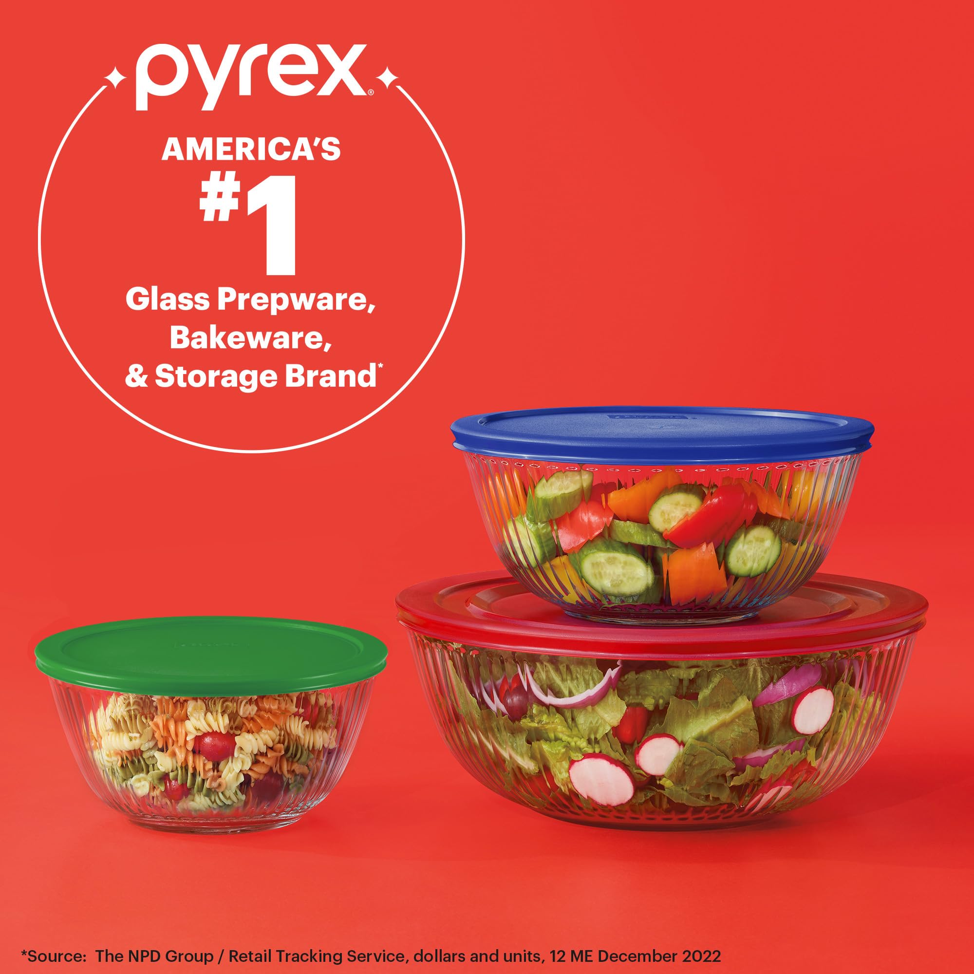 Pyrex Sculpted Large 6-Piece Glass Mixing Bowls, 1.3 QT, 2.3 QT, and 4.5 QT Prepping and Baking Food Storage Set, Dishwasher, Microwave and Freezer Safe