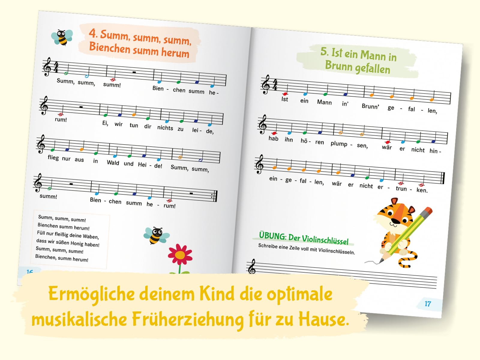 Klavier lernen mit Tiger Timo: 50 Klavierstücke für Kinder mit bunten Klaviernoten – Musikalische Früherziehung für zu Hause mit Rätsel-Spaß, Tasten-Schablonen zum Ausschneiden und Audio-Downloads