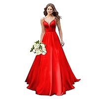 A line Satin Prom Dresses V Neck Long Ball Gowns Simple Wedding Dresses