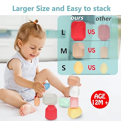 Cewkoo Wooden Stacking Blocks, 26 PCS Balancing Wood Building Blocks Set, Sorting and Stacking Games for Preschool Learning Educational Puzzle, Montessori Toys for Kids Toddlers 1Year Old+