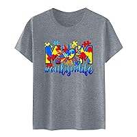 Mom Autismlife Letter Shirts Women's Cute Puzzle Love Heart Graphic Tee Tops 2024 Short Sleeve Crewneck Casual Tees