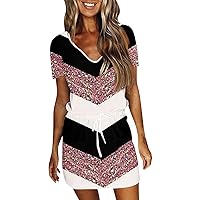 Sundresses for Women 2024 Summer Casual Striped Drawstring Loose V Neck Short Sleeve/Sleeveless Mini Dress