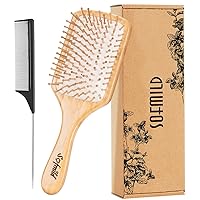 Hair Brush-Natural Wooden Bamboo Brush and Detangle Tail Comb Instead of Brush Cleaner Tool, Paddle Hairbrush for Women Men and Kids Make Thin Long Curly Hair Health and Massage Scalp