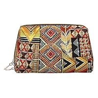African Textile Patchwork Print Leather Clutch Zipper Cosmetic Bag, Travel Cosmetic Organizer, Leather Storage Cosmetic Bag