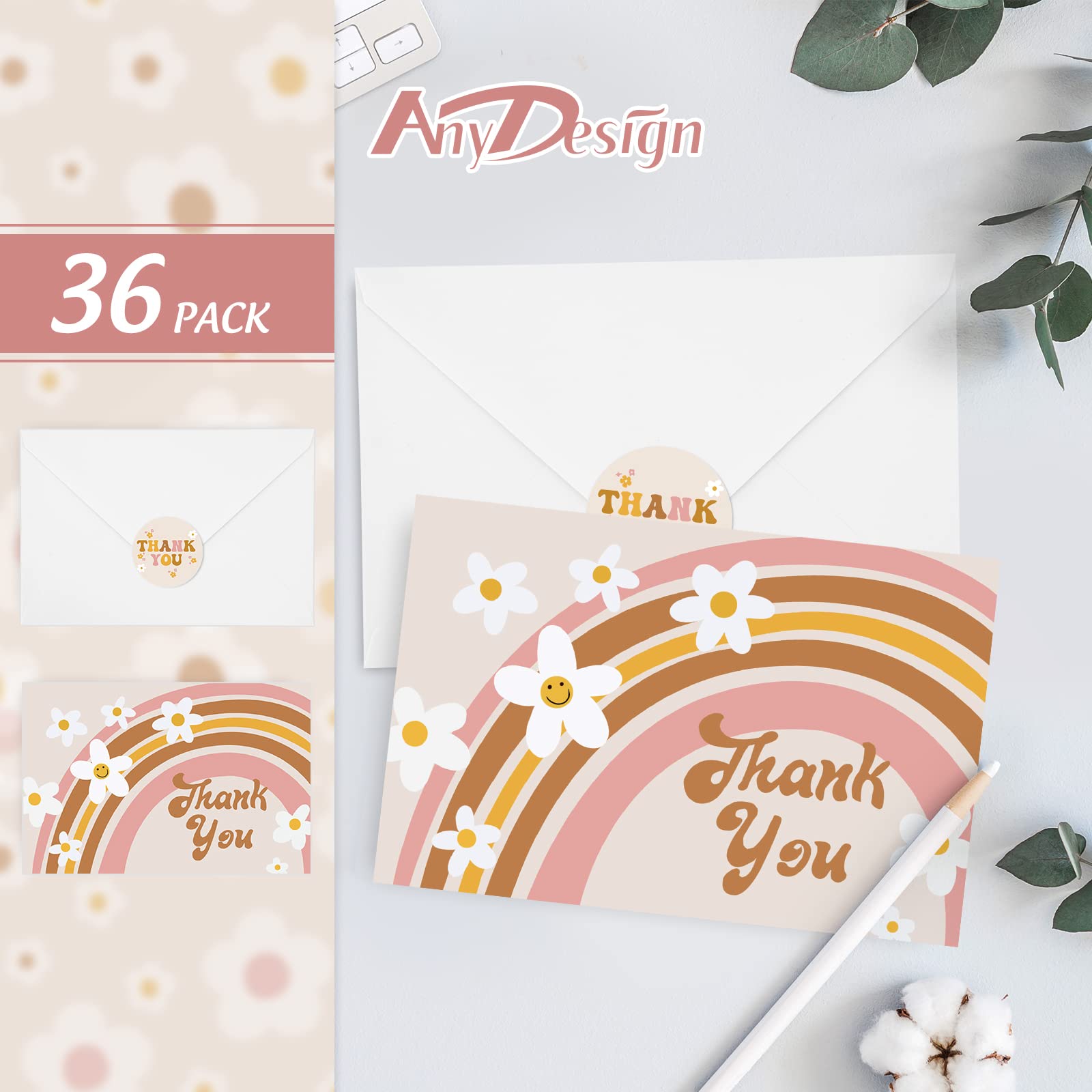 AnyDesign 36 Pack Boho Thank You Cards Bulk Retro Rainbow Floral Note Cards with Envelope Stickers Boho Flower Greeting Blank Cards for Birthday Baby Shower Bridal Shower Party, 4 x 6 Inch
