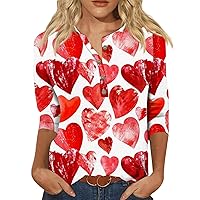 Valentine's Day Shirt Women 3/4 Sleeves Love Heart Graphic Tees ButtonTunics Blouse