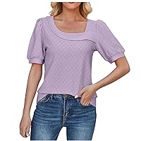Sale Clearance Irregular V Neck Eyelet Tops For Women 2024 Casual Puff Sleeve T-Shirt Elegant Summer Vacation Blouses Cute Tunic Dressy Shirt