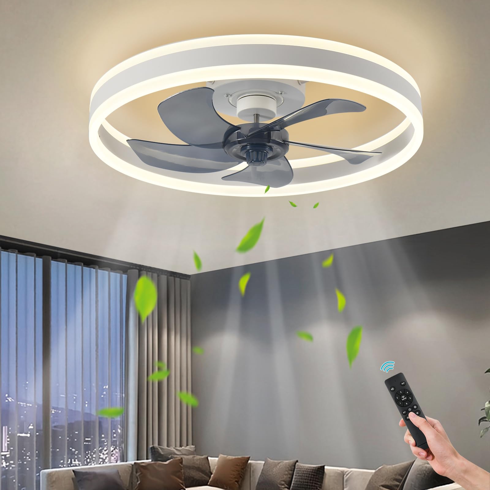 AHAWILL Modern Contemporary Ceiling Fan with Light,Mute LED Dimmable with Remote Control,6 Speeds Reversible 60W for Bedroom,Study Room,Dining Room,etc.(19.7
