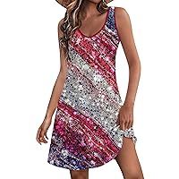 American Flag Dress Women 4th of July Dress Women 2024 American Print Vintage Fashion Casual with Sleeveless Round Neck Sundresses Vermilion Large