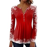 Women's Christmas Tops V-Neck Pleated Printed Funny Graphic Blouses Relaxed Loose Women Long Sleeve Tshirt