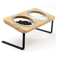 Elevated Cat Bowls, 15° Tilted Cat Food Bowl, Includes 2 Glass Cat Bowls, Bamboo Board, and Metal Stand for Cats and Puppies