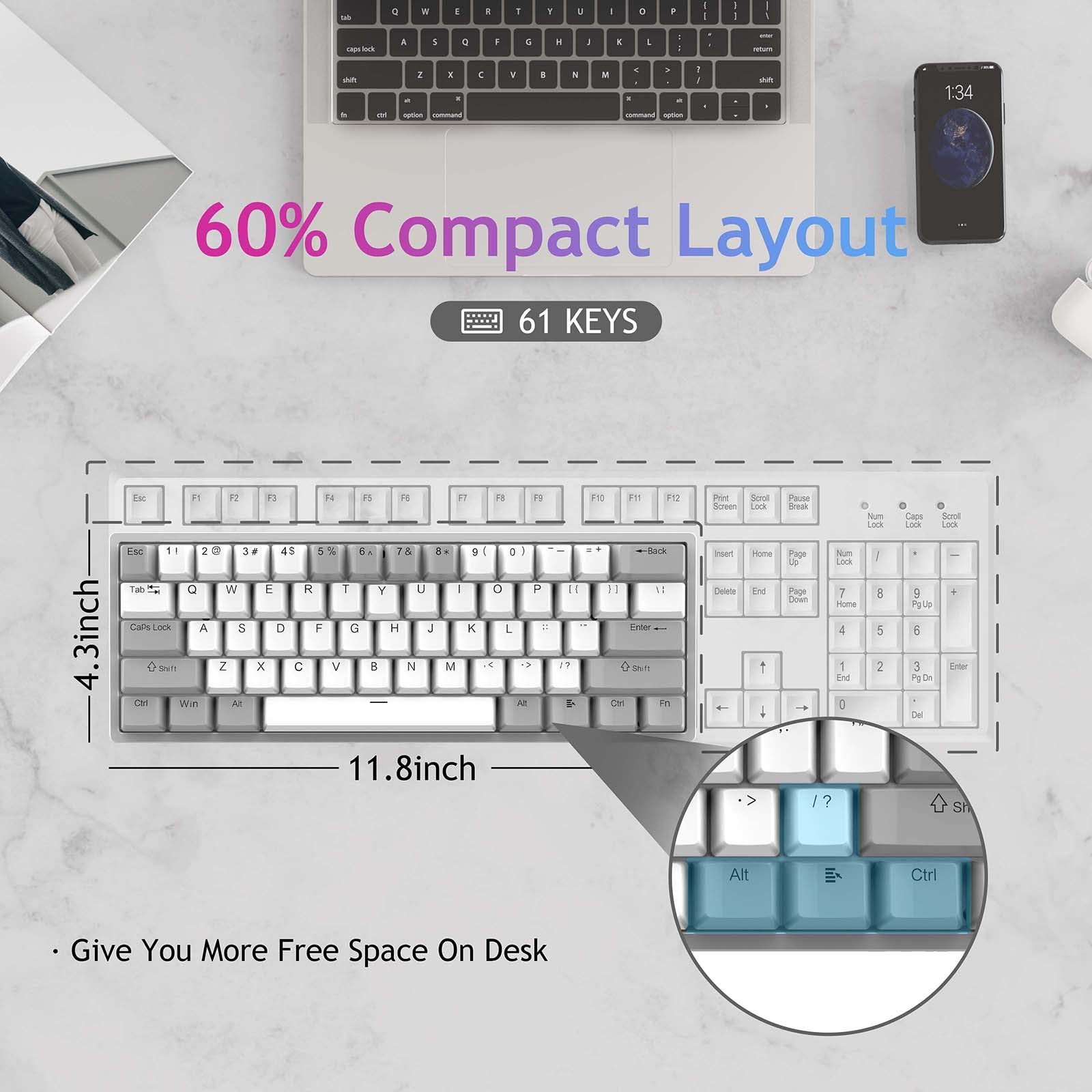 AULA Mechanical Keyboard 60 Percent 29 RGB PC Gaming Keyboards 60 Percent, Mini Compact Low Profile Keyboard, Hot Swappable Mechanical Keyboard with Red Switches-Grey&White