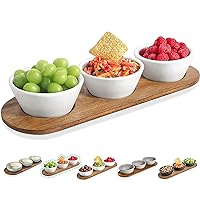 Artena Pasta Bowls, 50oz Large Salad Serving Bowls, 9.75'' Plates Bowls Set of 4 & 10oz Ultra-fine Porcelain Chips and dip Serving Platter with Acacia Wooden Tray, 4.75inch White Dipping Bowls