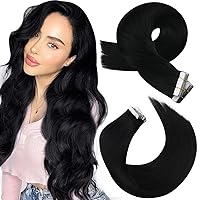 Moresoo Tape in Hair Extensions Human Hair Black Tape in Extensions Jet Black Tape in Hair Extensions Human Hair 26 Inch Hair Extensions Tape in #1 20pcs 50g