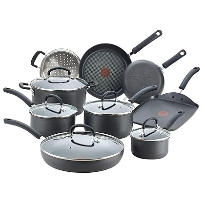 T-fal Ultimate Hard Anodized Nonstick Cookware Set 14 Piece Pots and Pans, Dishwasher Safe Black