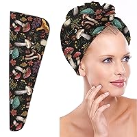 Super Absorbent Quick Dry Microfiber Hair Towel with Button Hands Free, 10 x 26 Inches Ultra-Soft Anti Frizz Dry Hair Turban Mushroom Black 1PCS