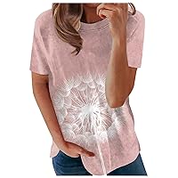 Spring Dresses for Women 2024,Womens Tops Short Sleeve Round Neck Summer Fashion Dandelion Printed T Shirts Loose Fit Y2K Blouse Women's Short Sleeve Tops