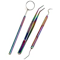 Multi Color Rainbow Dental Set - 3pcs Basic Dental Instruments Stainless Steel Dental Tooth Pick, Mouth Mirror,Cotton Plier - Dentists Tools Set is Ideal for Personal Use & Pet Friendly
