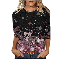 Women's Casual 3/4 Sleeve T-Shirts Round Neck Cute Tunic Tops Floral Printed Basic Tees Plus Size Blouses Loose Fit Pullover