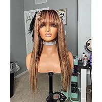 Highlight Color Straight Lace Front Wigs Human Hair with Bangs HD Transparent Bron to Honey Blonde Lace Frontal Wigs 4/27 Colored 150% Density Straight Brazilian Hair Wigs