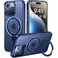 Alphex Titanium Magnetic Stand Case for iPhone 15 Pro, A-Blue Titanium, 3X Military Grade Protection, Shockproof Slim Phone Ring Cover, 6.1 inch