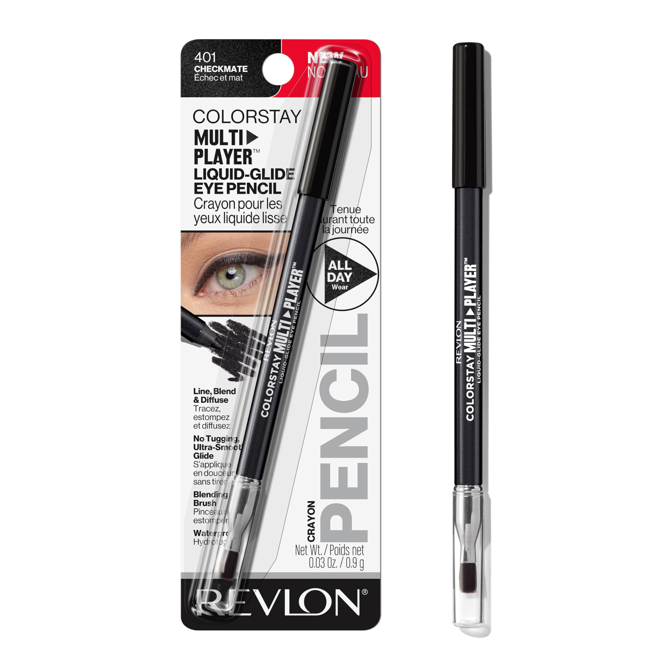 REVLON ColorStay Multiplayer Liquid-Glide Eye Pencil, Multi-Use Eye Makeup With Blending Brush, Blends Then Sets, Creamy Texture, Waterproof, Smudge-proof, Longwearing, 401 Checkmate, 0.03 oz