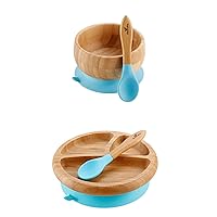 Bamboo Baby Bowl + Baby Plate + 2 First Stage Spoons. Removable Suction Bottoms. Blue