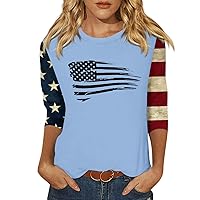 4th of July Shirt Women 3/4 Sleeve Blouses Independence Day Print Graphic T-Shirt Ladies Casual Plus Size Basic Tops Pullover