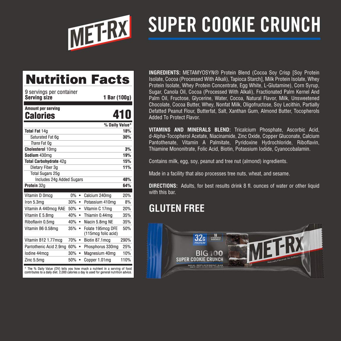 MET-Rx Big 100 Protein Bar, Meal Replacement Bar, 32G Protein, Super Cookie Crunch, 3.52 Oz (Pack of 9)
