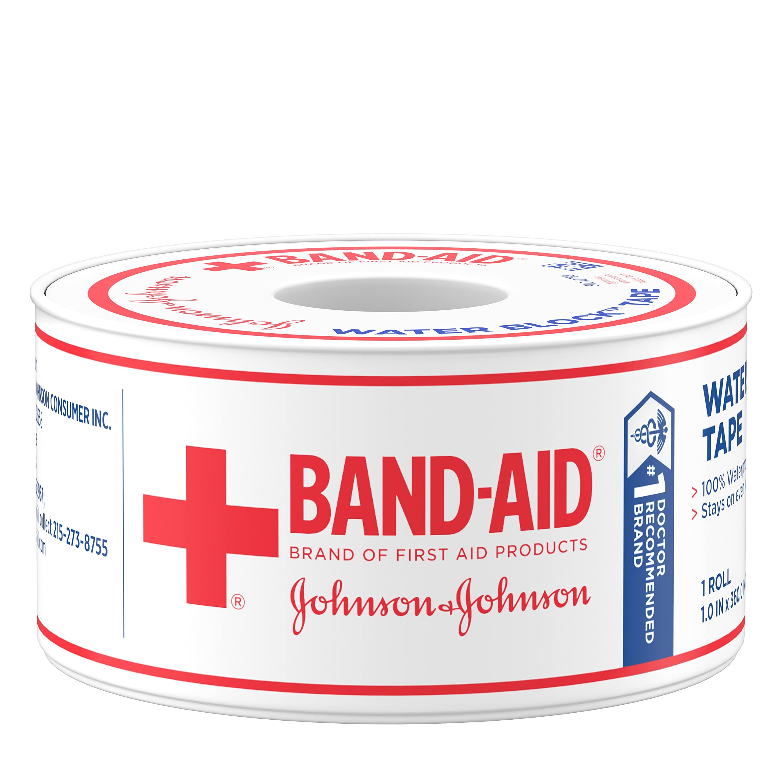 Band-Aid Brand First Aid Water Block 100% Waterproof Self-Adhesive Tape Roll for Durable Wound Care to Firmly Secure Bandages, 1 in by 10 yd