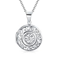 Bling Jewelry Personalized Vintage Style Embossed Scroll Floral Flower Sunflower Photo Round Oval Lockets Necklace Pendant For Women That Hold Pictures Oxidized .925 Sterling Silver Customizable