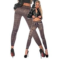 Stylish Mid-Waisted Faux Hole Stretchy Jean Fashion Print Leggings for Women