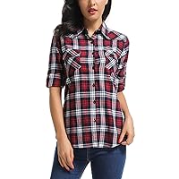 OCHENTA Women's Roll Up Sleeve Button Down Plaid Flannel Shirt Fitted Casual Tops
