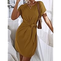 Summer Dresses for Women 2022 Knot Side Solid Batwing Sleeve Dress (Color : Brown, Size : S)
