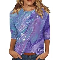 3/4 Length Sleeve Womens Tops Casual Loose Crewneck T Shirts Cute Floral Printed Workout Tunic Tops