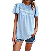 Women's Short Sleeve Blouses Ruffle Swiss Dot Crochet Loose Fit 2024 Summer Tunic Dressy Casual Tops Flowy Shirts