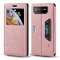 for Asus ROG Phone 6 Pro Case, Wood Grain Leather Case with Card Holder and Window, Magnetic Flip Cover for Asus ROG Phone 6 Pro (6.78”) Rose Gold