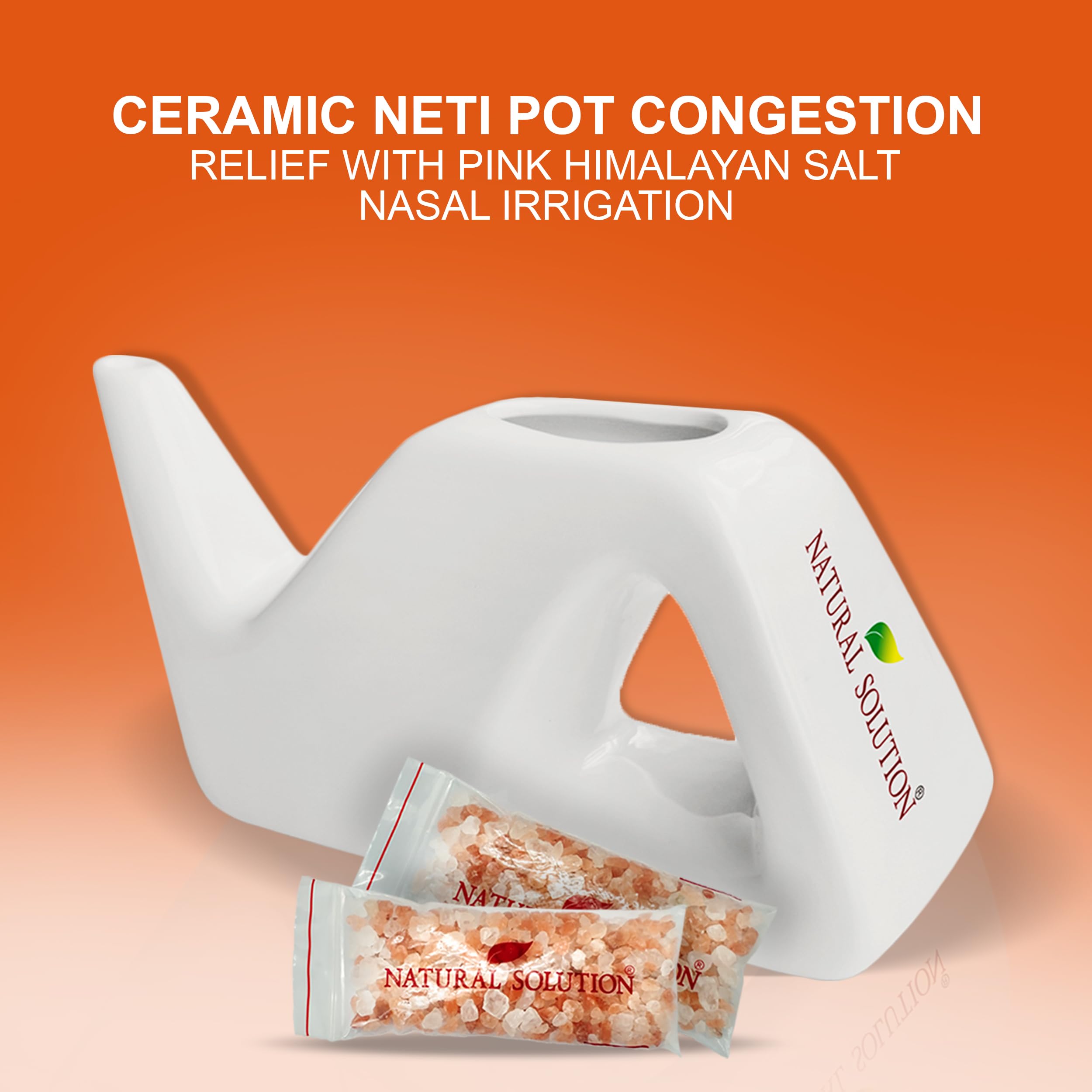 Natural Solution Himalayan Pink Salt Ceramic Neti Pot Sinus Rinse with Pink Salt Nasal Inhaler, Refreshing and Relaxing Sinus Pressure Relief (Gift Set 2 Pieces)